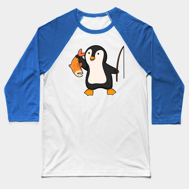 Penguin as Angler with Fish Baseball T-Shirt by Markus Schnabel